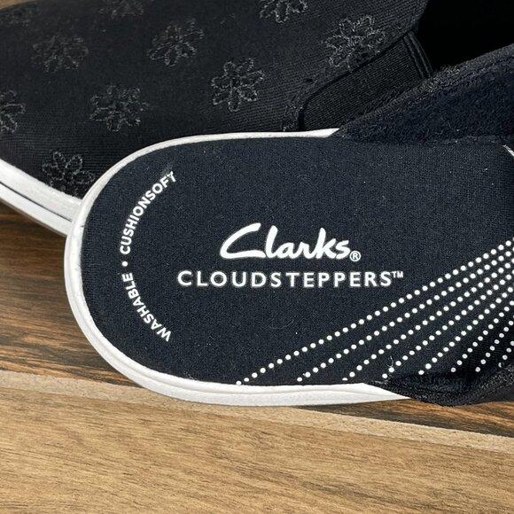 Clarks Breeze Shore Womens Size 8 Shoes Black Floral Canvas Slip On Mule - Picture 10 of 12